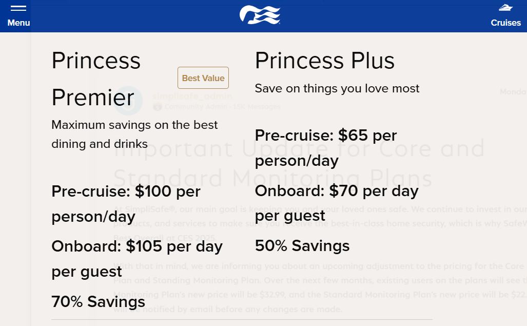 Princess Cruises Packages pricing on July 22, 2025
