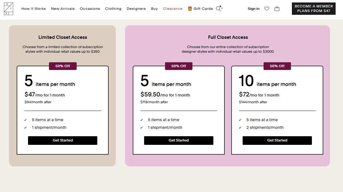 Rent the Runway Subscription pricing on July 15, 2025