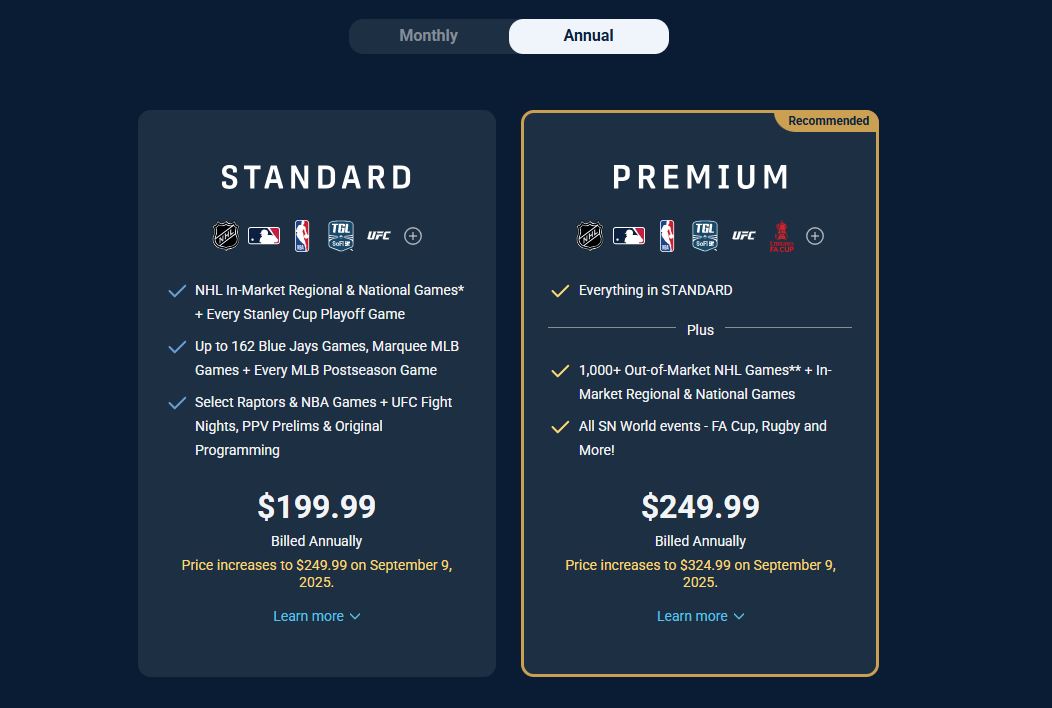 Sportsnet plus pricing on July 10, 2025