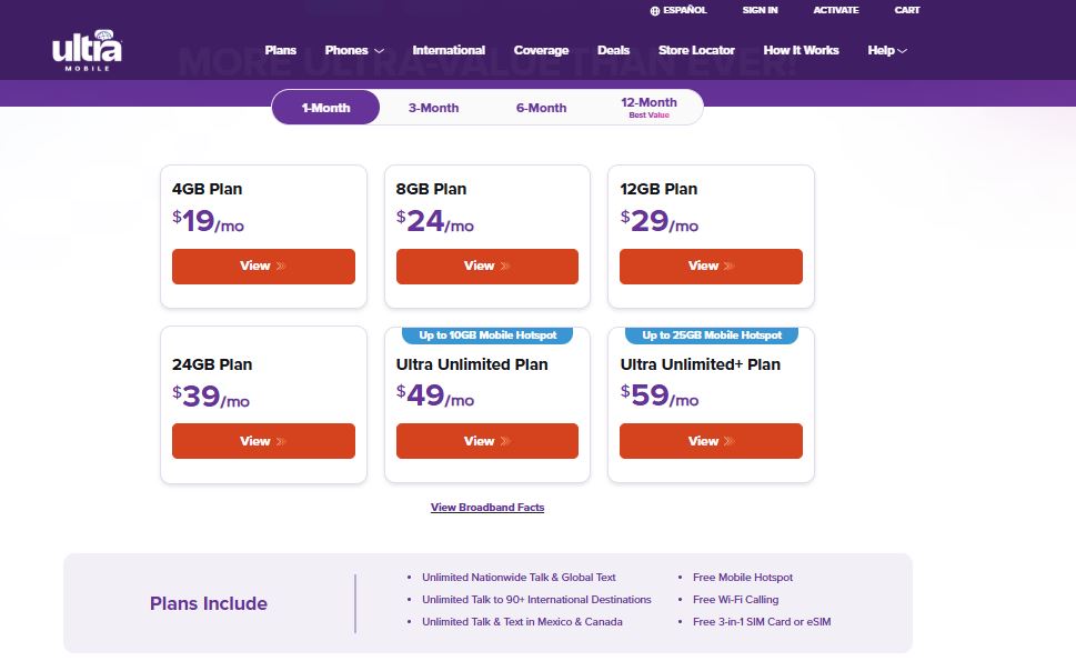 Ultra Mobile pricing on July 1, 2025