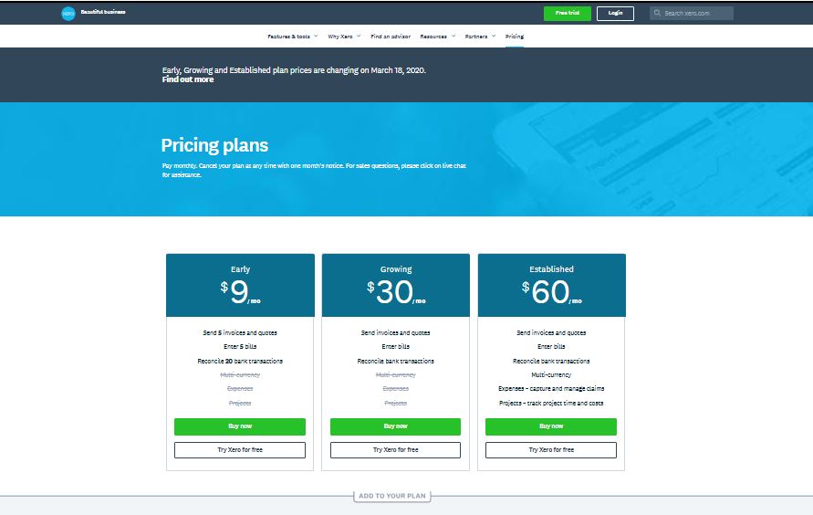 Xero pricing on March 5, 2020