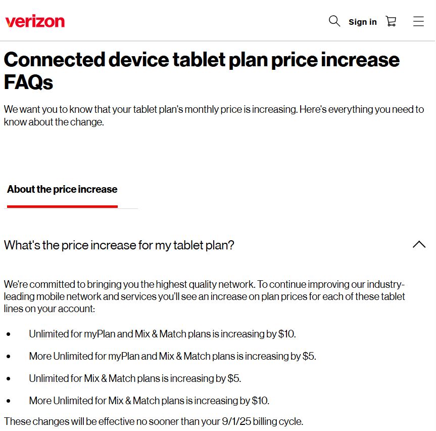 Verizon Update on Tablet Plan Subscription Price Increase on September 1st