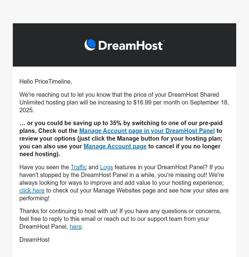 DreamHost Update on Shared Hosting Price Increase on September 18th