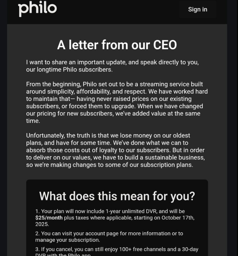 Philo Update on Subscription Price Increase on October 17th