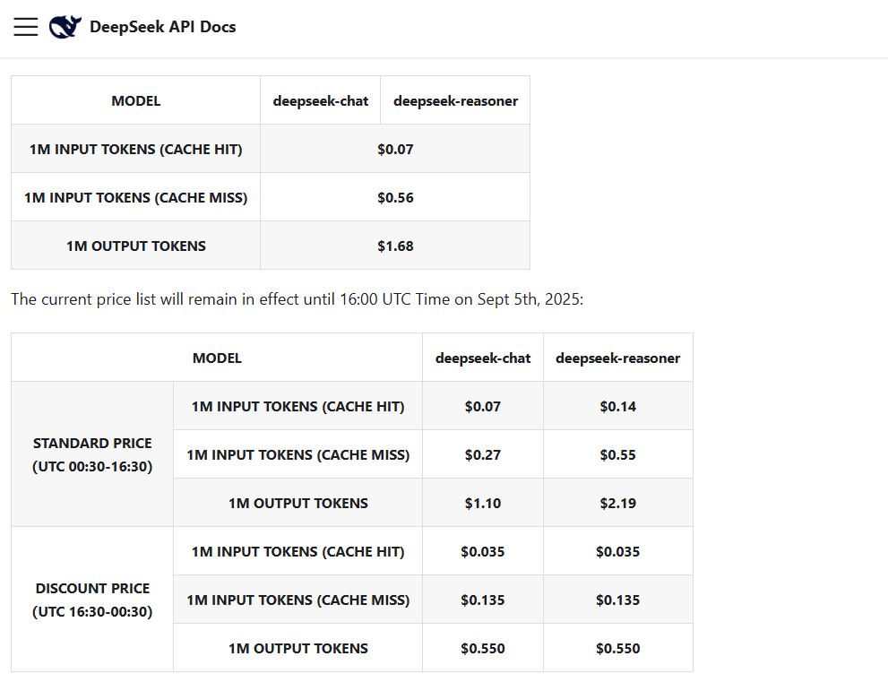 DeepSeek update on API Price Increase on September 5th