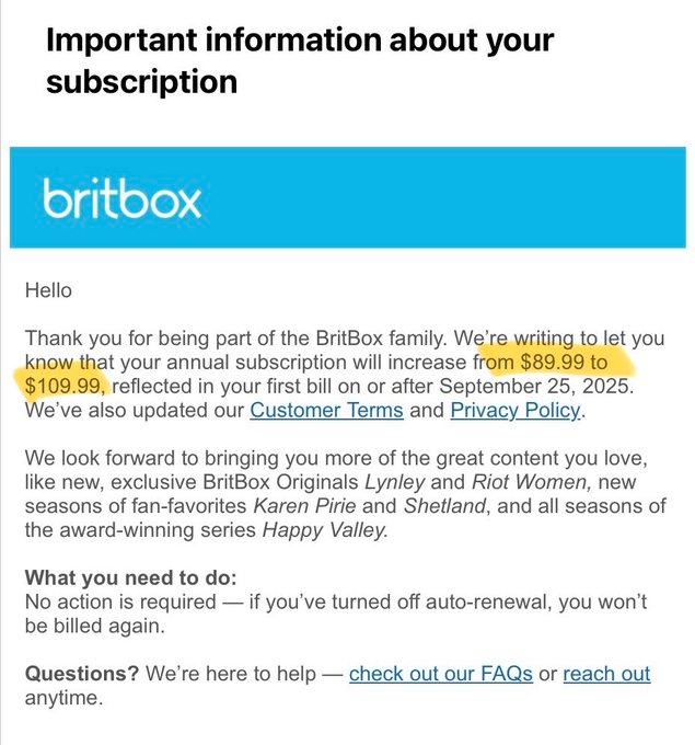 BritBox Update on Subscription Price Increase on September 25th