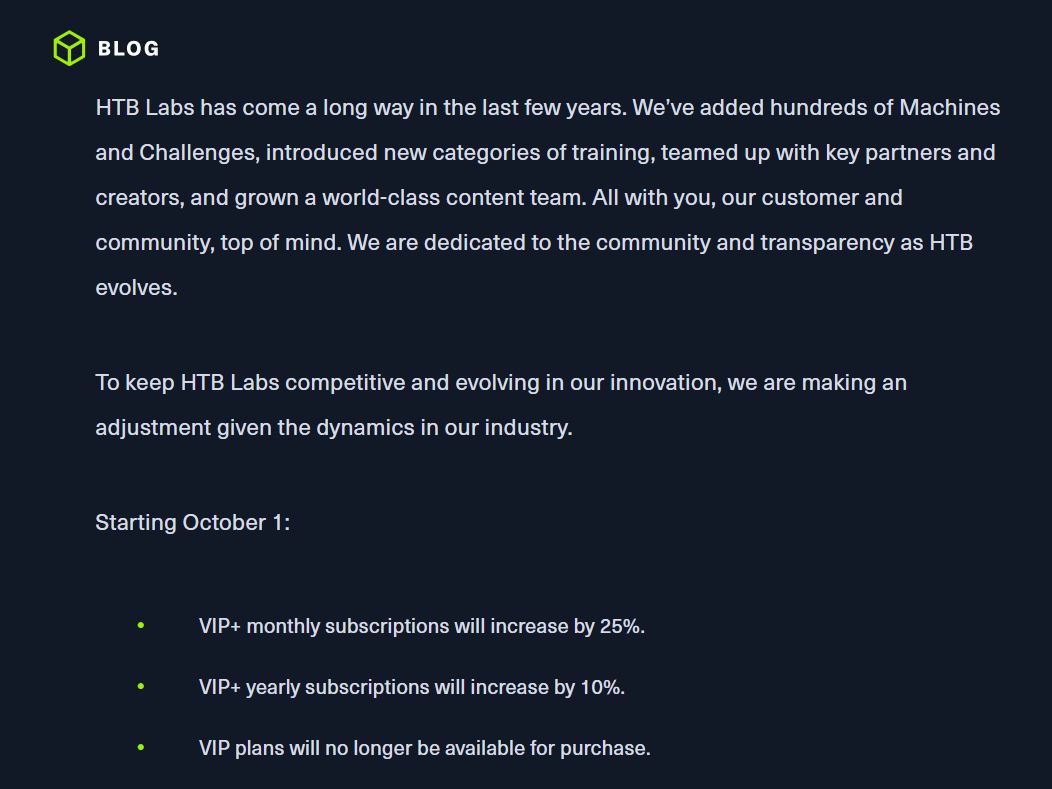 Hack The Box Update On Subscription Price Increase On October 1st