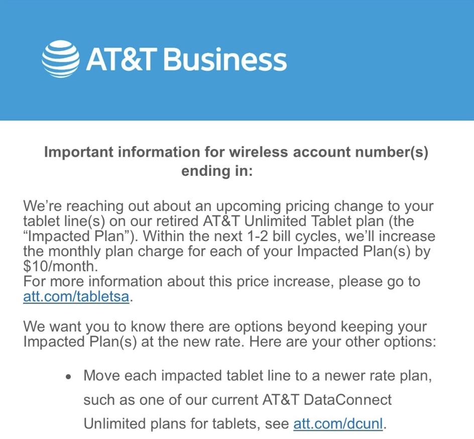 AT&T Update on Unlimited Tablet Plan Price Increase on October 14th