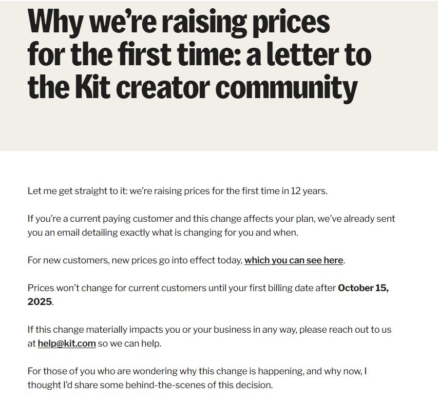 Kit Update on Subscription Price Increase on October 15th