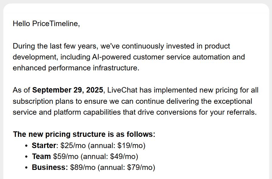 LiveChat Update on Subscription Price Increase in September