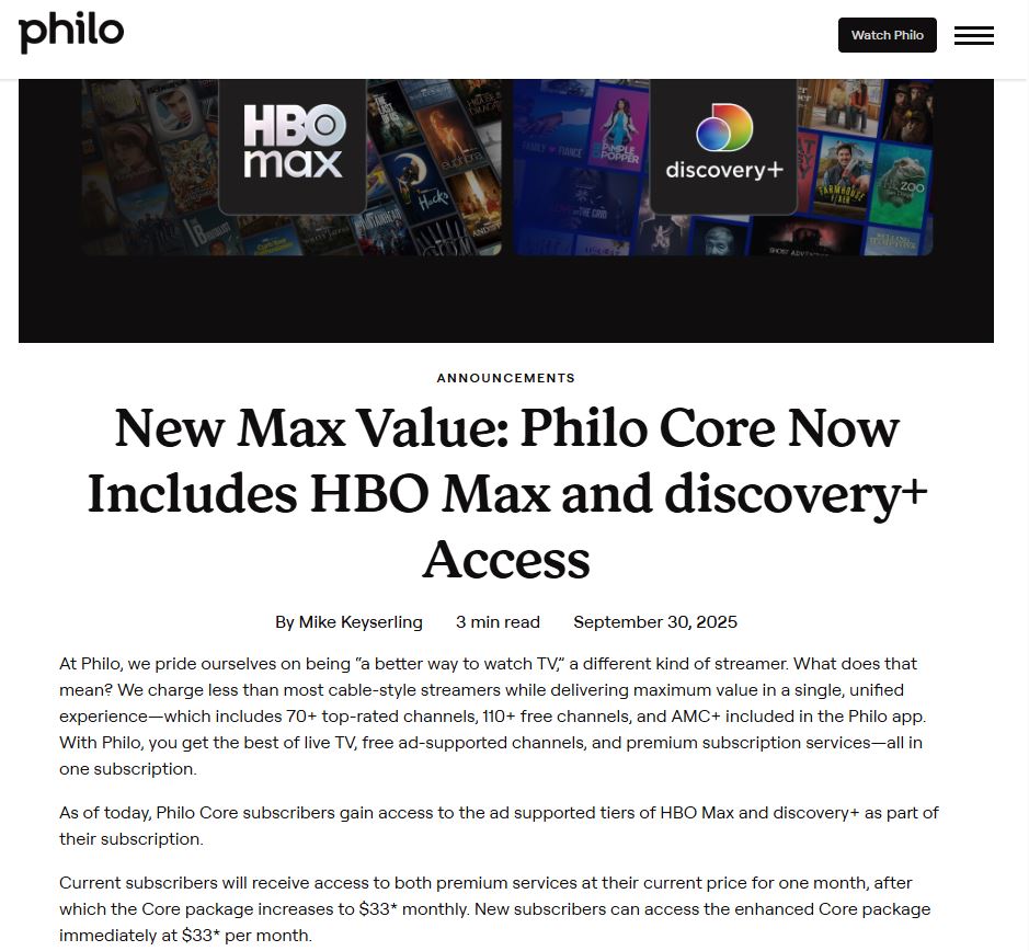 Philo Update on Subscription Price Increase Due to HBO Max and discovery+ Addition