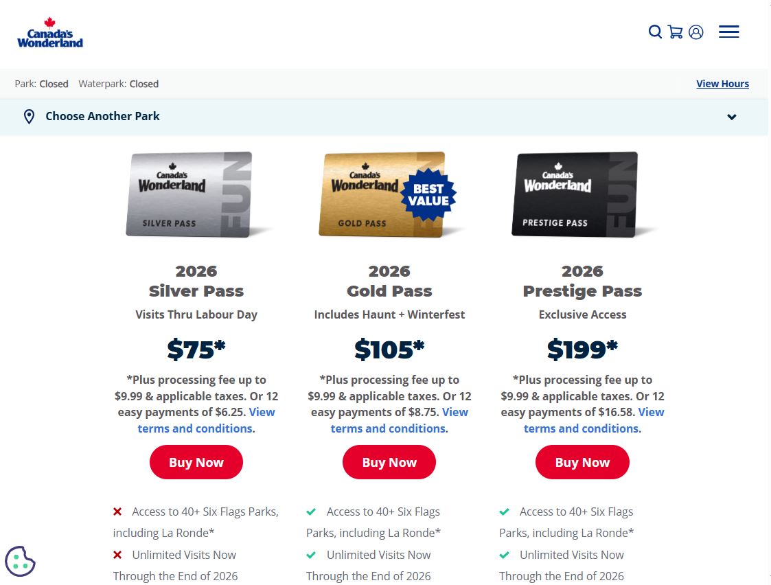 Canadas Wonderland Season Passes pricing on September 16, 2025