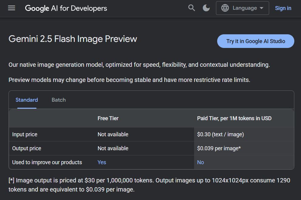 Nano Banana pricing on September 16, 2025