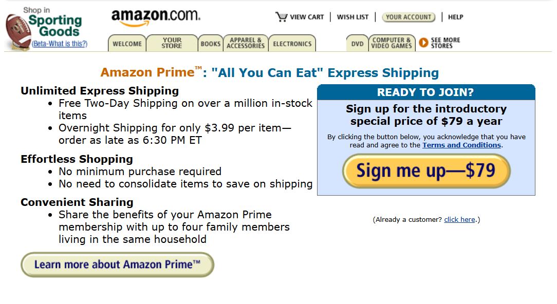 Amazon Prime pricing on January 14, 2005
