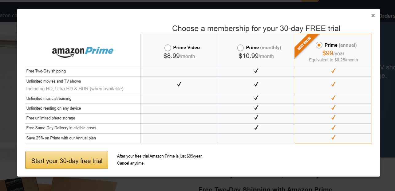 Amazon Prime pricing on January 12, 2017