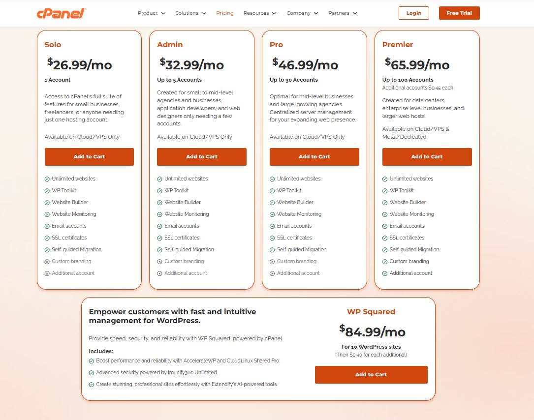 cPanel pricing on October 20, 2025
