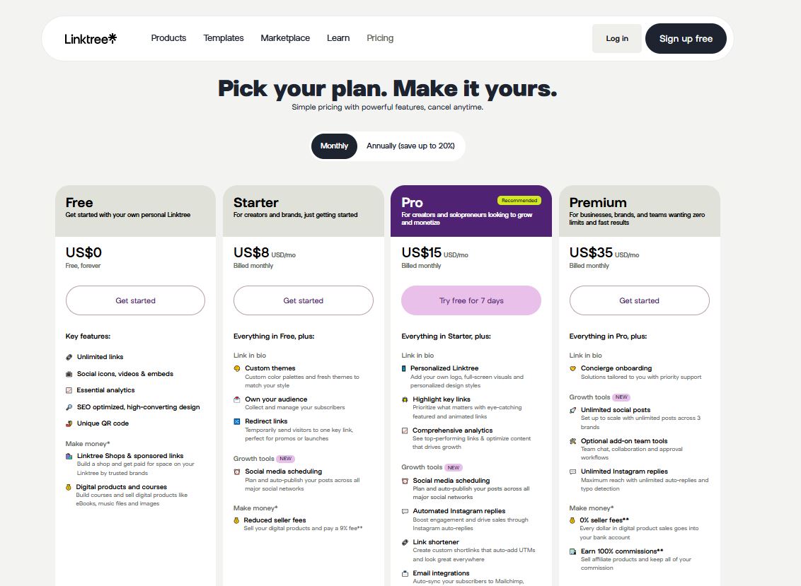 Linktree pricing on October 13, 2025