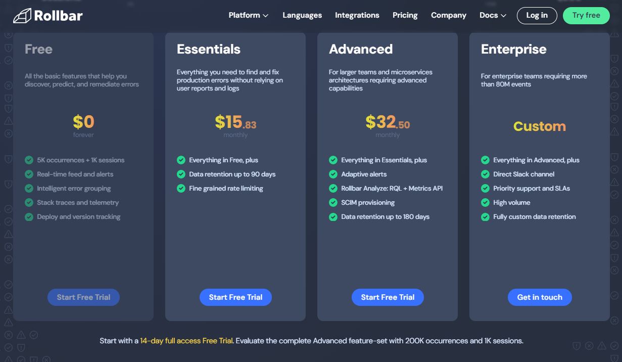 Rollbar Pricing Changes - PriceTimeline