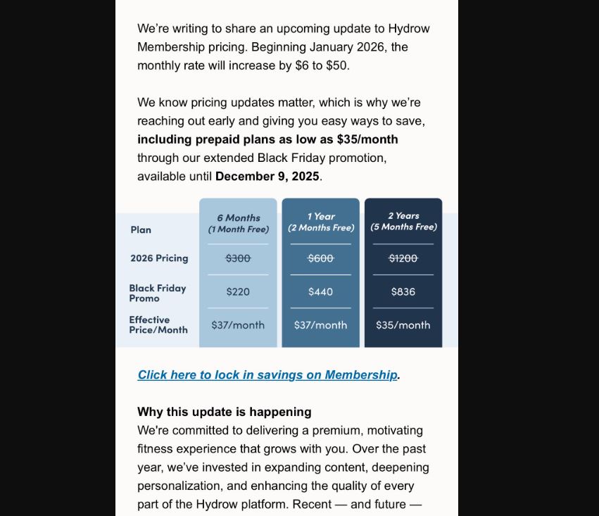 Hydrow Update on Membership Price Increase in January