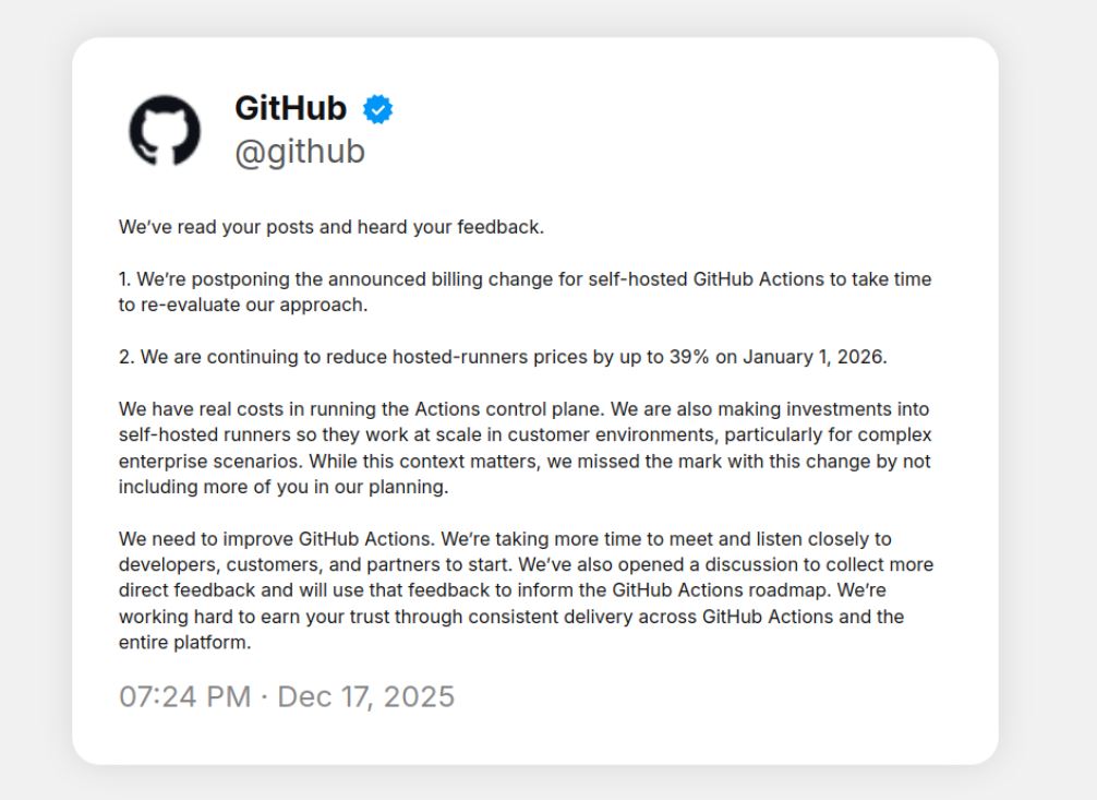 GitHub Actions for Self-Hosted Runners Price Increase Postponed