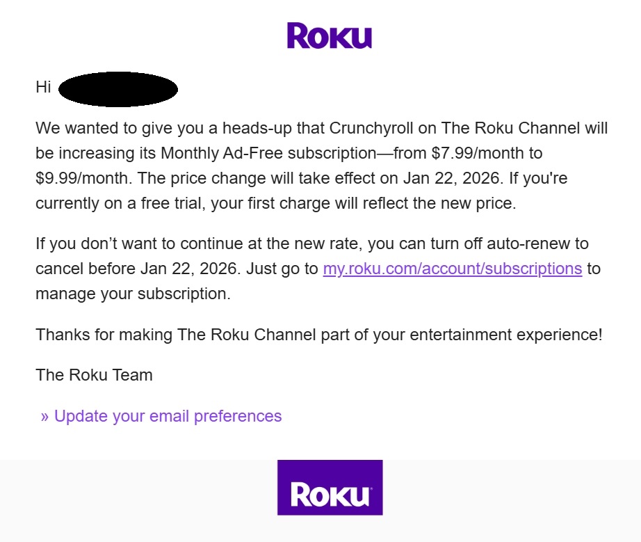 Crunchyroll Roku Channel Update on Subscription Price Increase on January 22nd