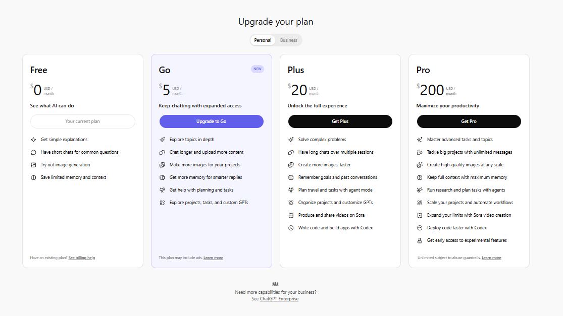 ChatGPT pricing on January 17, 2026