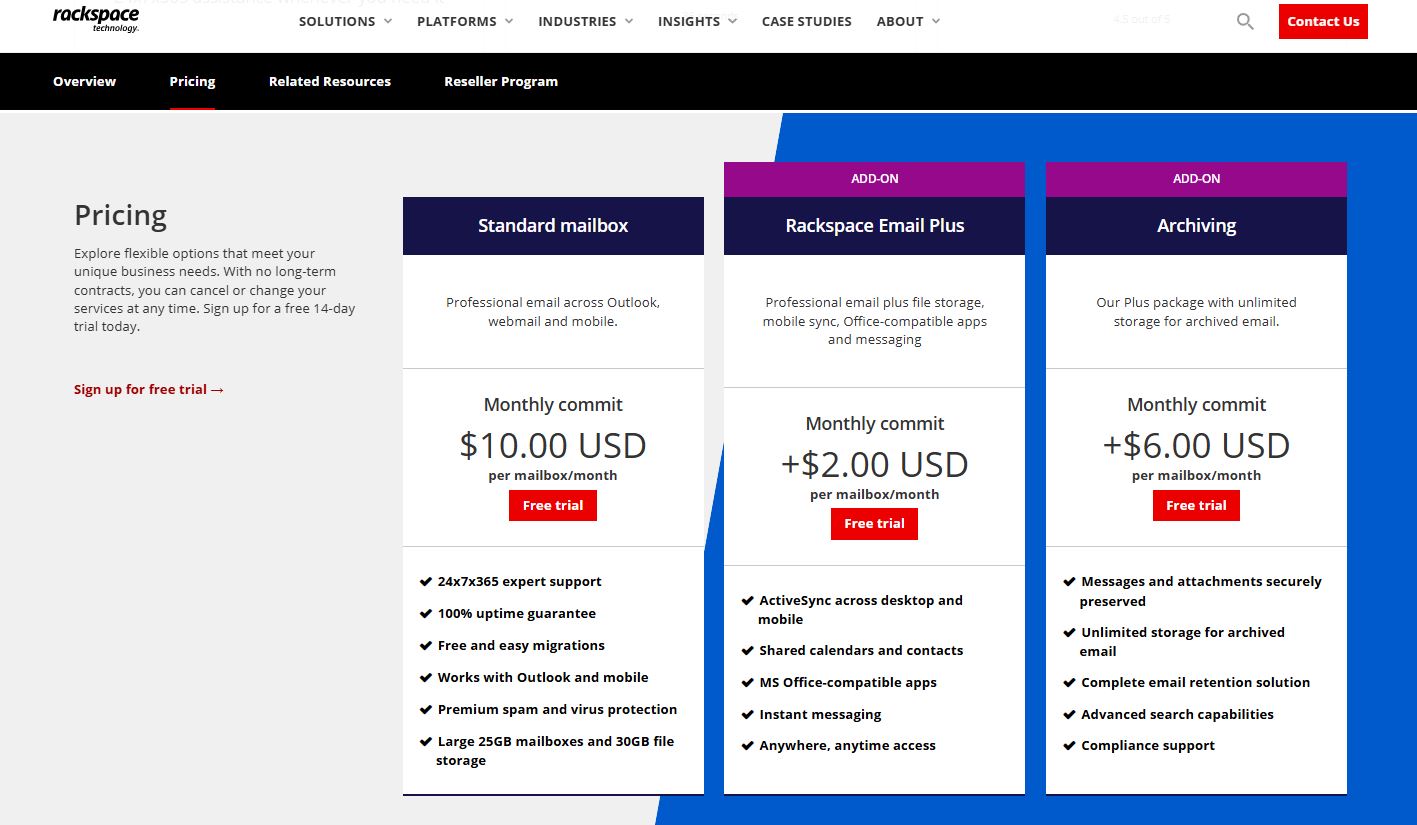 Rackspace Email pricing on January 17, 2026