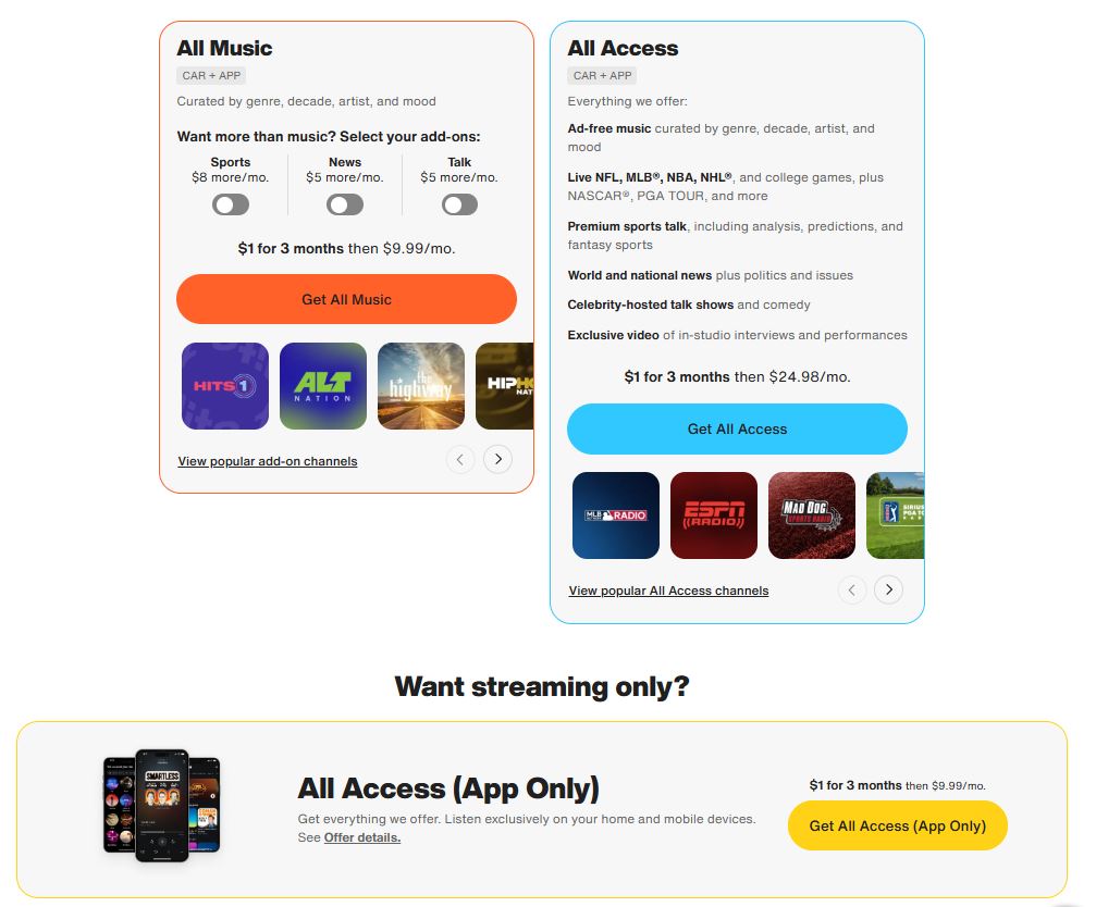 SiriusXM pricing on January 14, 2026