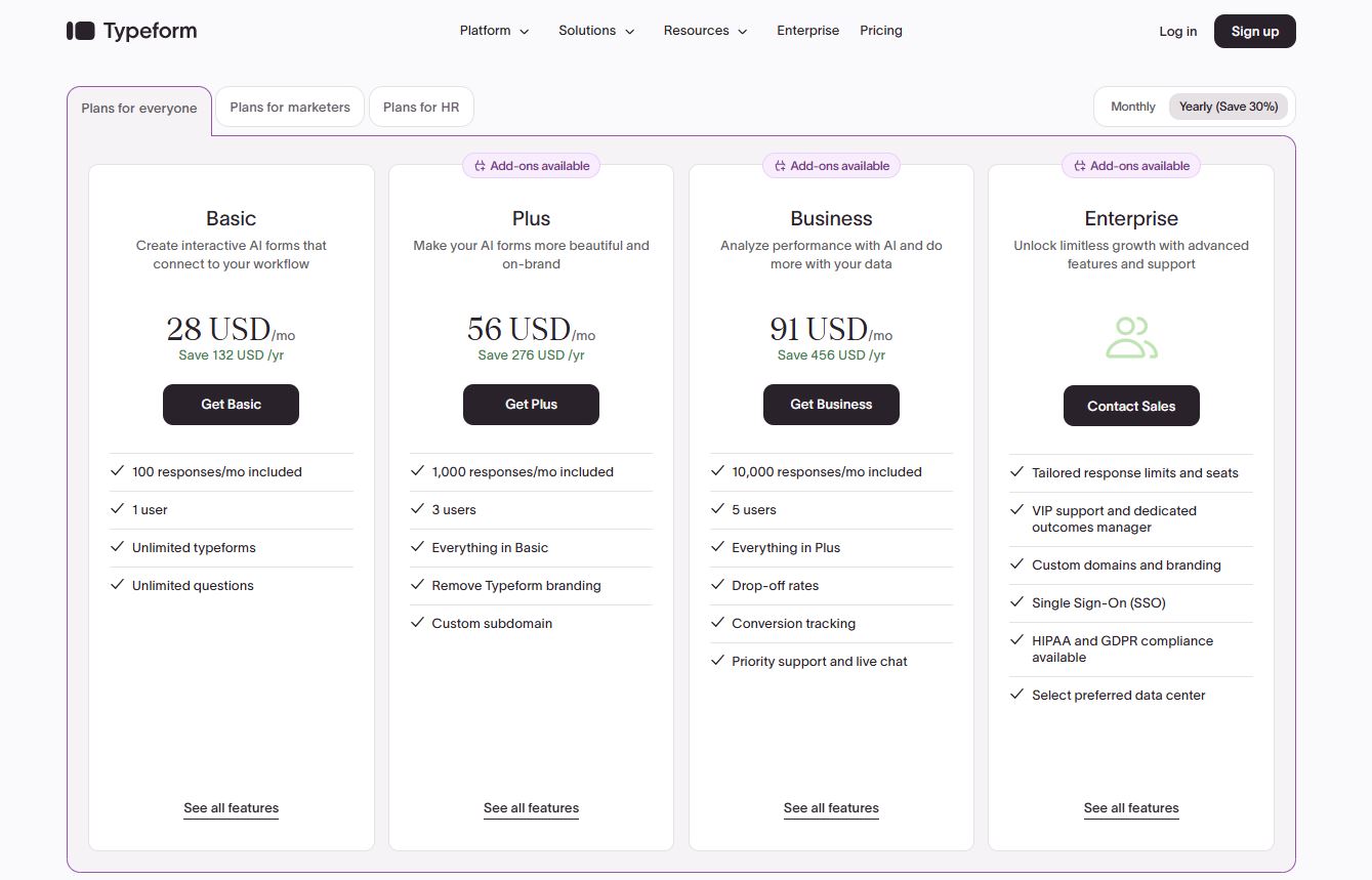 Typeform pricing on January 25, 2026