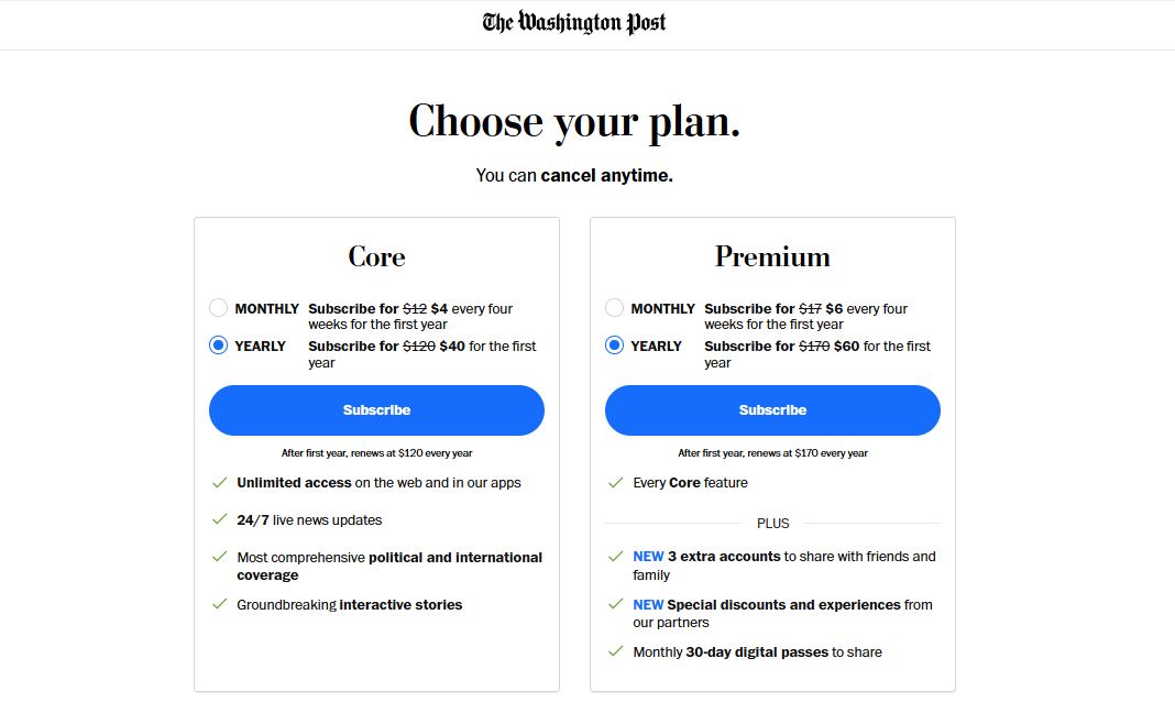 Washington Post Subscription pricing on January 1, 2026